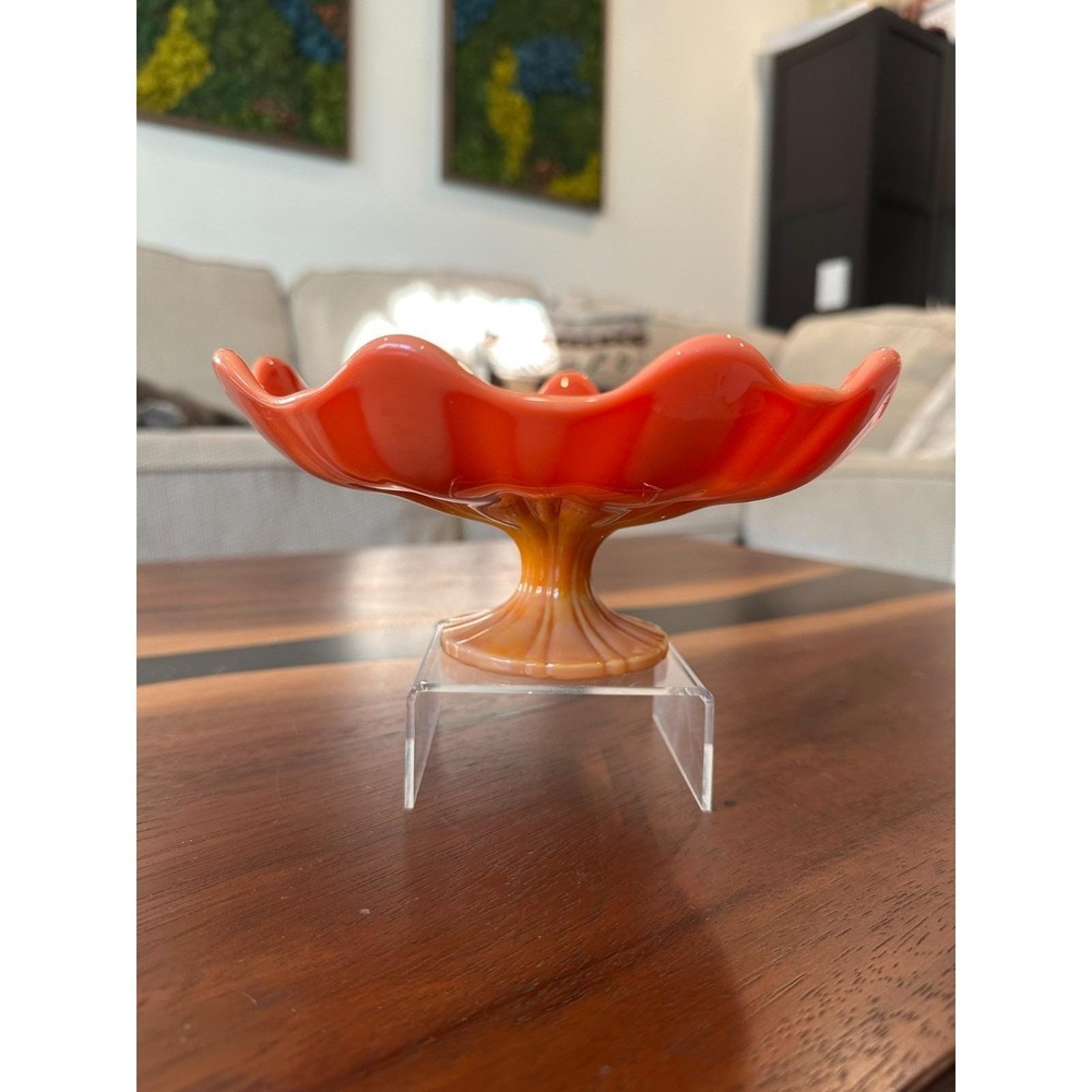 Vintage LE Smith Bittersweet Slag Glass Low Compote | Orange Pedestal Bowl Large